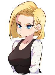 Rule 34 | 1girl, absurdres, android 18, blonde hair, blue eyes, blush, breasts, closed mouth, dashi (dashiart), dragon ball, dragonball z, earrings, highres, jewelry, long sleeves, medium breasts, multicolored shirt, shirt, short hair, simple background, solo, upper body, white background