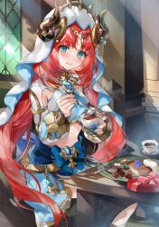 Rule 34 | 1girl, aqua eyes, blue skirt, blush, brooch, closed mouth, crop top, cup, fake horns, food, fork, genshin impact, harem outfit, highres, holding, holding fork, horns, jewelry, long hair, looking at viewer, low twintails, neck ring, nilou (genshin impact), red hair, saucer, skirt, solo, soraneko hino, table, tea, teacup, twintails, veil, very long hair, white headwear