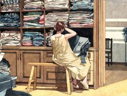 Rule 34 | 1girl, bench, brown hair, chair, clothes, dress, folded clothes, from behind, gegyjiji, hair ornament, hairclip, hands up, highres, indoors, long hair, original, painting (medium), shelf, sitting, sleeveless, sleeveless dress, slippers, solo, traditional media, watercolor (medium), yellow dress