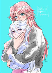 Rule 34 | 2girls, ahoge, aqua background, blue eyes, commentary request, dated, gundam, gundam suisei no majo, hair between eyes, hair down, hand on another&#039;s face, height difference, hug, hug from behind, long sleeves, looking at viewer, miorine rembran, multiple girls, pink eyes, red hair, suletta mercury, thick eyebrows, twitter username, white hair, yuri, yuri kyanon