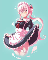 Rule 34 | 1girl, adapted costume, alternate costume, apron, arthur ko, black dress, blue background, blush, clothes lift, cowboy shot, cropped legs, dress, dress lift, enmaided, frilled dress, frills, hair between eyes, harusame (kancolle), highres, juliet sleeves, kantai collection, lifted by self, long hair, long sleeves, maid, maid apron, maid headdress, neckerchief, parted lips, pink eyes, pink hair, puffy sleeves, red neckerchief, side ponytail, simple background, solo, thighhighs, white apron, white thighhighs