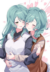 Rule 34 | 2girls, absurdres, aqua hair, bang dream!, blue shirt, blush, braid, breasts, brown sweater vest, closed eyes, collared shirt, commentary request, green eyes, hair ornament, hair scrunchie, hairclip, heart, highres, hikawa hina, hikawa sayo, hug, hug from behind, long hair, long sleeves, matching accessory, medium breasts, medium hair, meu203, multiple girls, one eye closed, open mouth, pink scarf, scarf, scrunchie, shirt, siblings, sisters, smile, sweater vest, twin braids, twins, upper body, white shirt, white sweater vest