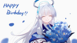 Rule 34 | 1girl, absurdres, blue archive, blue necktie, bouquet, closed eyes, collared shirt, earpiece, eco 376124, flower, grey hair, halo, happy birthday, highres, holding, holding bouquet, jacket, long hair, necktie, noa (blue archive), off shoulder, shirt, simple background, smile, solo, upper body, white background, white jacket, white shirt