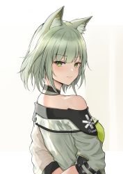 Rule 34 | 1girl, absurdres, animal ear fluff, animal ears, arknights, arms behind back, blush, commentary request, from behind, green eyes, green hair, highres, kal&#039;tsit (arknights), looking at viewer, looking back, mango (mgo), short hair, solo, upper body