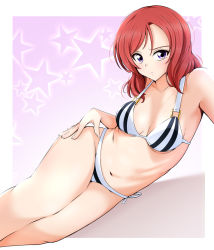 Rule 34 | 1girl, bikini, blush, breasts, cleavage, collarbone, commentary request, cowboy shot, cutie panther, kirisaki reina, looking at viewer, love live!, love live! school idol festival, love live! school idol project, lying, medium breasts, navel, nishikino maki, on side, pink background, purple eyes, red hair, solo, star (symbol), starry background, striped bikini, striped clothes, swimsuit
