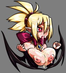 Rule 34 | 1girl, bat wings, blonde hair, blush, bow, breasts squeezed together, breasts, bright pupils, cum, cum in mouth, cum on body, cum on breasts, cum on tongue, cum on upper body, demon girl, detached sleeves, disgaea, facial, gem, hair ornament, large areolae, large breasts, nipples, nude, nyxon, one eye closed, pointy ears, red eyes, rozalin, solo, tears, tongue, tongue out, upper body, wince, wings