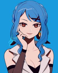 Rule 34 | 1girl, blue background, blue hair, braid, breasts, character request, cleavage, commentary request, copyright request, detached sleeves, earrings, hair ornament, hairclip, hand up, jewelry, kisaragi yuu (fallen sky), long hair, looking at viewer, parted lips, red eyes, shadow, shirt, signature, simple background, sleeveless, sleeveless shirt, smile, solo, upper body, white shirt