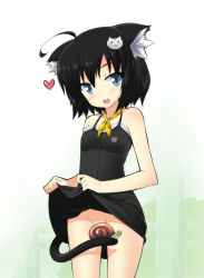 Rule 34 | 1girl, :d, ahoge, animal ears, bare shoulders, black dress, black hair, blue eyes, butter-t, cat ears, cat hair ornament, cat tail, clothes lift, convenient censoring, dress, dress lift, hair ornament, heart, no panties, open mouth, original, short hair, smile, snail, solo, tail