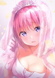 Rule 34 | 1girl, amedamacon, blurry, blurry background, blush, breasts, bridal veil, cleavage, collarbone, commentary request, depth of field, dress, gloves, go-toubun no hanayome, hair between eyes, hand up, head tilt, looking at viewer, medium breasts, nakano ichika, parted lips, pink hair, purple eyes, see-through, smile, solo, strapless, strapless dress, tears, tiara, upper body, veil, white dress, white gloves