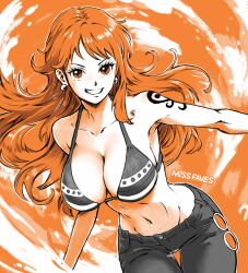 Rule 34 | 1girl, artist name, bikini, bikini top only, breasts, brown eyes, cleavage, collarbone, commentary, curvy, earrings, english commentary, female focus, grey bikini, grey pants, grin, highres, jewelry, large breasts, long hair, looking at viewer, matching hair/eyes, miss faves, nami (one piece), navel, one piece, orange background, orange eyes, orange hair, orange theme, pants, pearl earrings, shoulder tattoo, smile, swimsuit, tattoo, wide hips