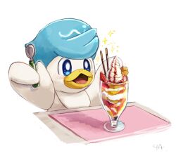 Rule 34 | :d, blue eyes, blush, bright pupils, commentary request, creatures (company), dessert, excited, food, game freak, happy, holding, holding spoon, nintendo, no humans, open mouth, pokemon, pokemon (creature), quaxly, shinoda (snd pict), signature, smile, solo, spoon, table, tongue, white background, white pupils