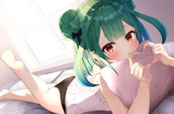 Rule 34 | 1girl, ass, bare legs, bare shoulders, bed, bed sheet, black panties, black ribbon, blush, commentary request, double bun, green hair, hair bun, hair intakes, hair ribbon, head rest, heart, heart hands, highres, hololive, leg up, looking at viewer, lying, no pants, hugging object, on bed, on stomach, open mouth, panties, pillow, pillow hug, pink theme, plantar flexion, red eyes, ribbon, saki (saki paint), short hair, sidelocks, solo, tagme, underwear, uruha rushia, virtual youtuber