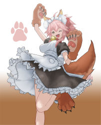 Rule 34 | 1girl, animal ears, animal hands, apron, bell, breasts, cat hair ornament, cat paws, collar, fangs, fate/grand order, fate (series), flasso, fox ears, fox tail, gloves, gradient background, hair ornament, jingle bell, large breasts, long hair, looking at viewer, looking down, maid headdress, neck bell, one eye closed, paw gloves, paw shoes, pink hair, ponytail, shoes, solo, tail, tamamo (fate), tamamo cat (fate), yellow eyes