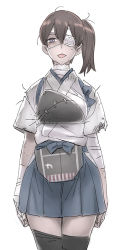 Rule 34 | 10s, 1girl, arms at sides, bandage over one eye, bandaged arm, commentary, cowboy shot, injury, japanese clothes, kaga (kancolle), kantai collection, muneate, nishieda, purple eyes, side ponytail, solo, thighhighs, tongue, tongue out