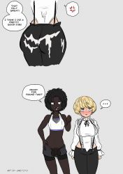 Rule 34 | ..., 2girls, after buttjob, aftersex, ass, black hair, blonde hair, blush, breasts, closed eyes, clothed sex, clothes, cum, cum on clothes, dark-skinned female, dark skin, dungeon and fighter, english text, frottage, futanari, grey background, highres, interracial, lucille redmayne, medium breasts, medium penis, multiple girls, original, penis, rubbing, short hair, simple background, smile, speech bubble, testicles, umeyiyo, veins, veiny penis
