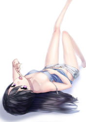 Rule 34 | 1girl, bare legs, bare shoulders, barefoot, black hair, breasts, camisole, candy, cleavage, downblouse, food, leg up, lollipop, long hair, looking at viewer, lying, midriff, navel, on back, original, purple eyes, shiny skin, short shorts, shorts, simple background, small breasts, solo, strap slip, unowen, upside-down, white background