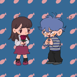 Rule 34 | 1boy, 1girl, anglerfish, black pants, black socks, blue background, blue eyes, blue hair, brown hair, chibi, closed mouth, commentary request, crossover, crying, dot mouth, expressionless, eye contact, fish, fish background, flower, full body, gloom (expression), highres, holding, holding flower, ib (ib), ib (kouri), index fingers together, jack-o&#039; ran-tan, long hair, long sleeves, looking at another, mary janes, napoli no otokotachi, odd one out, oko da yo, open mouth, pants, red eyes, red flower, red footwear, red rose, red skirt, rose, sad smile, shirt, shoes, skirt, socks, standing, striped clothes, striped sweater, sweater, tareme, unmoving pattern, white shirt