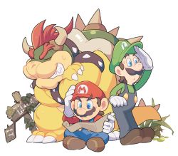 Rule 34 | 3boys, :o, armlet, blue eyes, blue pants, bowser, bracelet, brothers, brown footwear, brown hair, buttons, claws, clenched teeth, closed eyes, closed mouth, confused, crossed arms, facial hair, full body, gloves, green headwear, green shirt, hand on own head, hat, holding, horns, hoshikuzu pan, jewelry, long sleeves, looking afar, looking away, luigi, male focus, mario, mario (series), multiple boys, mustache, nintendo, overalls, pants, parted lips, plant, red hair, red headwear, red shirt, sharp teeth, shell, shirt, shoes, short hair, siblings, sign, simple background, sitting, spiked armlet, spiked bracelet, spiked shell, spikes, standing, super mario bros. 1, sweatdrop, teeth, vines, white background, white gloves