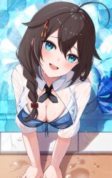 Rule 34 | 1girl, ahoge, bikini, black hair, black ribbon, blue bikini, blue eyes, braid, breasts, cleavage, collared shirt, dress shirt, front-tie bikini top, front-tie top, hair flaps, hair over shoulder, highres, kantai collection, large breasts, neck ribbon, official alternate costume, poolside, ranran 3939, ribbon, shigure (kancolle), shigure kai san (kancolle), shirt, single braid, solo, swimsuit, upper body, water, wet, wet clothes, white shirt