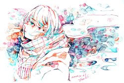Rule 34 | 1girl, absurdres, aqua eyes, colorful, dated, hatching (texture), highres, original, profile, scarf, signature, solo, traditional media, upper body, watanabe tomari