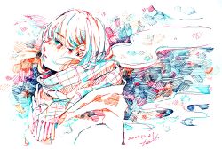 1girl absurdres aqua_eyes colorful dated hatching_(texture) highres original profile scarf signature solo traditional_media upper_body watanabe_tomari