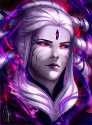 Rule 34 | 1girl, black sclera, black veins, close-up, colored sclera, expressionless, facial mark, forehead jewel, forehead mark, glowing, glowing eyes, highres, kuroi (chloemanansala), lips, long hair, looking at viewer, portrait, red eyes, rwby, salem (rwby), serious, sidelocks, skirt, solo, veins, white hair, white skirt