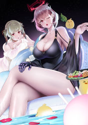 Rule 34 | 2girls, absurdres, azur lane, bare shoulders, black one-piece swimsuit, blonde hair, breasts, character request, cleavage, crossed legs, drill hair, duca degli abruzzi (azur lane), duca degli abruzzi (lustrous onyx sirenetta) (azur lane), earrings, food, fruit, giuseppe garibaldi (azur lane), halo, highres, holding, holding leaf, huge filesize, in water, inflatable chair, jewelry, kiwi (fruit), large breasts, leaf, manjuu (azur lane), mechanical arms, multiple girls, numaguro (tomokun0808), official alternate costume, one-piece swimsuit, one eye closed, open mouth, partially submerged, petals, pool, prosthesis, prosthetic arm, prosthetic hand, red eyes, short hair, single mechanical arm, sitting, star (sky), swimsuit, thighs, tray, twintails, water, wet