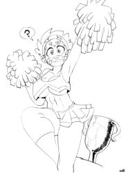Rule 34 | 1girl, ?, abs, artist name, ass, borrowed character, breasts, cheerleader, cleft of venus, crop top, demya dalliante, headband, lineart, monochrome, no panties, noill, pom pom (cheerleading), pussy, reflection, smile, solo, spoken question mark, standing, standing on one leg, trophy, underboob
