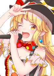 Rule 34 | 1girl, ;d, bang dream!, black hat, blonde hair, bow, bowtie, breasts, cleavage, clothing cutout, earrings, frills, hat, hat bow, holding, holding microphone, jewelry, long hair, looking at viewer, microphone, night (night1203), one eye closed, open mouth, polka dot, polka dot bow, pom pom (clothes), red bow, red bowtie, shoulder cutout, smile, solo, top hat, tsurumaki kokoro, upper body, w, yellow eyes