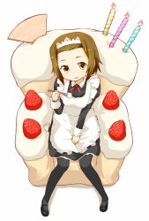 Rule 34 | 1girl, :p, alternate costume, apron, black pantyhose, blush, brown eyes, brown hair, cake, candle, chair, enmaided, food, food on face, fork, fruit, full body, in food, k-on!, looking at viewer, maid, maid apron, maid headdress, mary janes, nagian, oversized object, pantyhose, shoes, short hair, simple background, sitting, solo, strawberry, tainaka ritsu, tongue, tongue out, white background