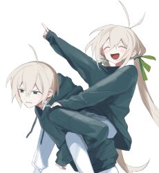 Rule 34 | 1boy, 1girl, ^ ^, absurdres, ahoge, antenna hair, artist name, blonde hair, blush, brother and sister, carrying, clenched teeth, closed eyes, green jacket, green ribbon, green sweater, hair ribbon, highres, hood, hooded jacket, jacket, long hair, long sleeves, open mouth, original, pants, piggyback, pointing, pointing up, ribbon, sanehara, short hair, siblings, simple background, smile, sweater, teeth, twintails, upper body, white pants