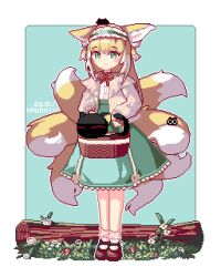 Rule 34 | 1girl, animal ear fluff, animal ears, animated, animated gif, arknights, black cat, blonde hair, bobby socks, brown footwear, cardigan, cat, chinese commentary, closed mouth, colored tips, commentary request, crossover, dated, fox ears, fox girl, fox tail, frilled hairband, frills, full body, green eyes, green hairband, green skirt, hairband, heixiu, high-waist skirt, in basket, kitsune, kyuubi, log, long sleeves, looking at viewer, luo xiaohei, luo xiaohei (cat), luo xiaohei zhanji, mary janes, medium skirt, multicolored hair, multiple tails, naught ix, neck ribbon, official alternate costume, open cardigan, open clothes, pixel art, puffy long sleeves, puffy sleeves, red ribbon, ribbon, shirt, shoes, skirt, smile, socks, standing, suzuran (arknights), suzuran (spring praise) (arknights), tail, two-tone hair, white hair, white shirt, white socks, yellow cardigan