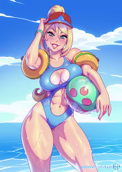 Rule 34 | 1girl, abs, ball, baseball cap, beachball, beagle, bikini tan, blonde hair, blue eyes, blue one-piece swimsuit, blush, body freckles, breast lift, breasts, cleavage, cleavage cutout, clothing cutout, collarbone, contrapposto, day, freckles, grin, hair between eyes, hat, high ponytail, inflatable armbands, kajin (kajinman), large breasts, lips, looking at viewer, metroid, mole, mole on breast, mole on thigh, mole under mouth, navel, navel cutout, nintendo, ocean, one-piece swimsuit, ponytail, red hat, samus aran, sky, smile, solo, swimsuit, tan, tanline, thick thighs, thighs, visor cap, water, wet
