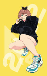 Rule 34 | 1girl, bare legs, black ribbon, black sweater, blue eyes, blue nails, brown hair, commentary request, full body, hair ribbon, hands up, highres, long sleeves, nail polish, one eye closed, original, ribbon, shoes, short shorts, shorts, sneakers, solo, sweater, thick eyebrows, white footwear, white shorts, yellow background, yuu (1007yu)