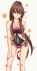 Rule 34 | 10s, 1girl, between breasts, blush, breasts, brown eyes, brown hair, casual one-piece swimsuit, cleavage, clothing cutout, kantai collection, kantai collection (anime), long hair, looking at viewer, navel cutout, one-piece swimsuit, ponytail, smile, solo, swimsuit, tapioka (ru-no), very long hair, yamato (kancolle)