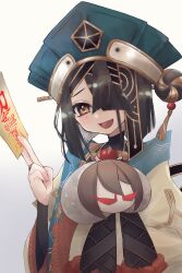 Rule 34 | 1girl, absurdres, black hair, blue hat, bridal gauntlets, brown eyes, character doll, chinese clothes, doll, fate/grand order, fate (series), hair ornament, hair over one eye, hair stick, hat, highres, holding, holding doll, looking at viewer, mole, mole under eye, ofuda, open mouth, short hair, smile, solo, tassel, xu fu (fate), yamuimo, yu mei-ren (fate)