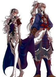 Rule 34 | 1boy, 1girl, armor, boots, cape, corrin (female) (fire emblem), corrin (fire emblem), fire emblem, fire emblem fates, japanese clothes, long hair, nintendo, pointy ears, ponytail, red eyes, satou (xxsilver), silver hair, simple background, takumi (fire emblem), tsundere, white background