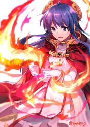 Rule 34 | 1girl, :d, ahoge, ane-suisei, blue eyes, blue hair, bracelet, cape, dress, fire, fire emblem, fire emblem: the binding blade, floating hair, hair between eyes, hat, highres, jewelry, lilina (fire emblem), long dress, long hair, nintendo, open mouth, red cape, red hat, smile, solo, twitter username, white dress