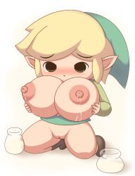 Rule 34 | 1girl, blonde hair, blush, breasts, cleavage, driver000, covered erect nipples, gender request, genderswap, green eyes, hat, huge breasts, jar, kneeling, lactation, link, nintendo, nipples, open clothes, open mouth, open shirt, pointy ears, puffy nipples, pussy, shirt, solo, the legend of zelda, the legend of zelda: the wind waker, toon link, uncensored
