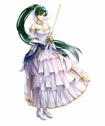 Rule 34 | 1girl, breasts, candle, cleavage, delsaber, dress, earrings, fire emblem, fire emblem: the blazing blade, fire emblem heroes, flower, green eyes, green hair, highres, jewelry, long hair, lyn (bridal) (fire emblem), lyn (fire emblem), necklace, nintendo, official alternate costume, pink flower, pink rose, ponytail, rose, smile, strapless, strapless dress, very long hair, wedding dress, white dress, white footwear, white legwear, white sleeves, yellow flower, yellow rose