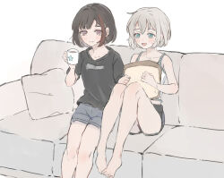 Rule 34 | aoba moca, bang dream!, barefoot, black hair, bob cut, camisole, couch, cup, grey hair, holding, holding cup, holding pillow, looking at viewer, mitake ran, mug, multicolored hair, pillow, red eyes, red hair, shirt, short hair, shorts, sitting, streaked hair, t-shirt, white background, yuuka (roomi1485)