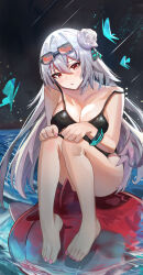 Rule 34 | 1girl, absurdres, arknights, barefoot, black one-piece swimsuit, blue butterfly, blush, bracelet, breasts, bug, butterfly, chinese commentary, cleavage, commentary request, eyewear on head, flower, grey hair, hair between eyes, hair flower, hair ornament, highres, insect, jewelry, knees up, large breasts, liangyimo, long hair, looking at viewer, off shoulder, one-piece swimsuit, open mouth, pink nails, red eyes, rose, sitting, skadi (arknights), solo, swimsuit, white flower, white rose