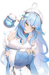 Rule 34 | 1girl, absurdres, ahoge, bare shoulders, blouse, blue bow, blue coat, blue hair, blue nails, bow, breasts, center frills, ching-wen yang, cleavage cutout, clothing cutout, coat, daifuku (yukihana lamy), elf, flower, frills, fur-trimmed coat, fur trim, hair between eyes, hair flower, hair ornament, half updo, heart, heart ahoge, highres, hololive, large breasts, leaning to the side, long hair, looking at viewer, multicolored hair, nail polish, off shoulder, plaid, plaid bow, pointy ears, shirt, simple background, sleeveless, sleeveless shirt, smile, snowflake hair ornament, solo, streaked hair, very long hair, virtual youtuber, white background, white headwear, white shirt, yellow eyes, yukihana lamy