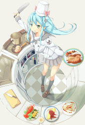 Rule 34 | 1girl, bad id, bad pixiv id, beige background, blue hair, blush, breasts, byte (allbyte), checkered floor, chef, chef hat, chopsticks, cooking, cutting board, dishes, emblem, floor, food, fork, frying pan, green eyes, hat, highres, holding, kitchen, kitchen knife, knife, lobster, long hair, looking at viewer, looking up, medium breasts, open mouth, original, plate, pot, shizuka (deatennsi), simple background, sink, solo, standing, steak