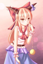 Rule 34 | 1girl, absurdres, ascot, belt, blonde hair, chain, cuffs, dior-zi, finger to face, gradient background, highres, horn ornament, horn ribbon, horns, ibuki suika, light smile, long hair, looking at viewer, orb, ribbon, shackles, shirt, sidelocks, simple background, skirt, sleeveless, sleeveless shirt, solo, touhou, wrist cuffs, yellow eyes