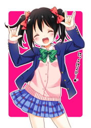 Rule 34 | 10s, 1girl, :d, \m/, ^ ^, bad id, bad pixiv id, black hair, blazer, blush, bow, cardigan, closed eyes, double \m/, hair bow, irori, jacket, love live!, love live! school idol project, nico nico nii, open clothes, open jacket, open mouth, school uniform, short hair, skirt, smile, solo, twintails, yazawa nico