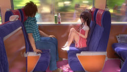 Rule 34 | 1boy, 1girl, 3d, age difference, black hair, brown hair, child, dress, feet, from side, full body, hair ornament, legs, looking at another, mm-star, polka dot, pov, profile, shoes, sitting, sneakers, socks, thighs, to love-ru, train, train interior, window, yuuki mikan, yuuki rito