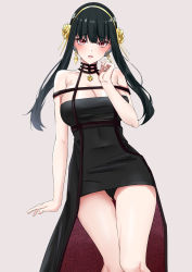 Rule 34 | 1girl, absurdres, black dress, black panties, blush, breasts, cleavage, cowboy shot, dress, earrings, gold earrings, gold hairband, grey background, hair ornament, hairband, highres, jewelry, kirin3145, large breasts, legs, long hair, looking at viewer, open mouth, panties, pantyshot, red eyes, short dress, sidelocks, simple background, solo, spy x family, thighs, two-sided dress, two-sided fabric, underwear, yor briar