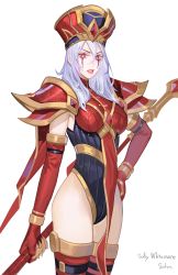 Rule 34 | 1girl, absurdres, armor, bad id, bad twitter id, breasts, elbow gloves, gloves, hat, highres, leotard, lips, lipstick, makeup, red eyes, sally whitemane, sohn woohyoung, solo, staff, thighhighs, warcraft, white hair, world of warcraft