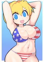 Rule 34 | 1girl, alice margatroid, american flag bikini, armpits, arms up, bikini, blonde hair, blue background, blue eyes, breasts, cookie (touhou), flag print, gradient background, hair between eyes, hospital king, large breasts, looking at viewer, medium bangs, navel, open mouth, print bikini, short hair, smile, solo, star (symbol), star print, striped bikini, striped clothes, swimsuit, touhou, web (cookie), white background